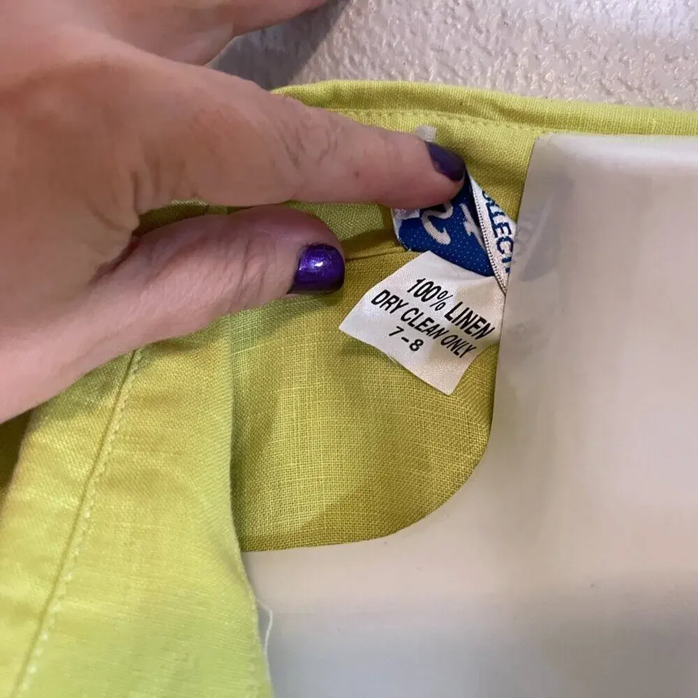 SAB Collections 100% Linen Lime Green 2 Piece Shirt Pants Set Size 7/8